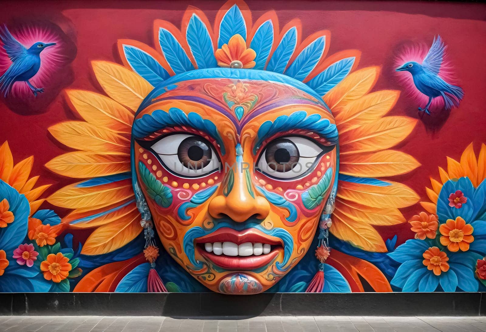 AI generated of a colorful mural of a mexican mask on a wall