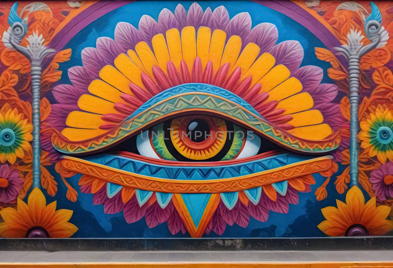 AI generated of a colorful mural of an eye on a wall