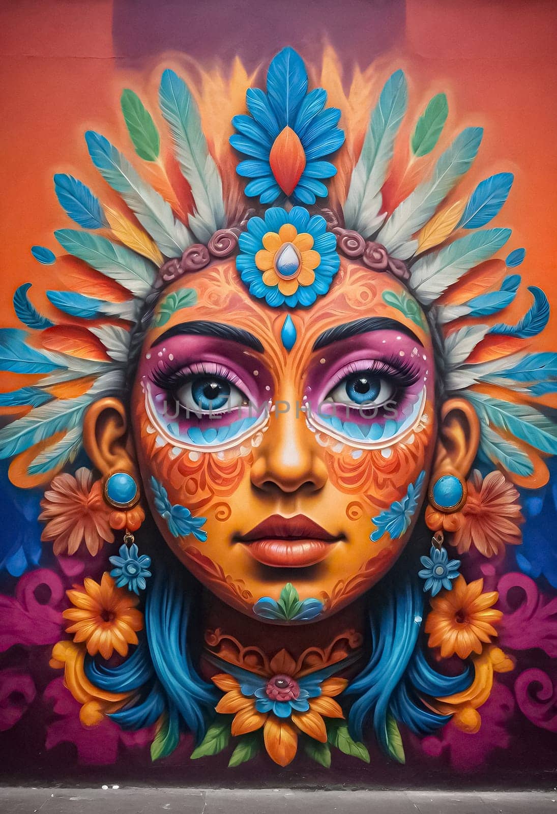 AI generated of a colorful mural of a woman with a headdress