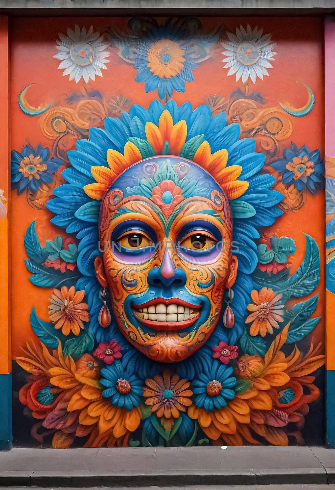 AI generated of a colorful mural of a woman with flowers on her face