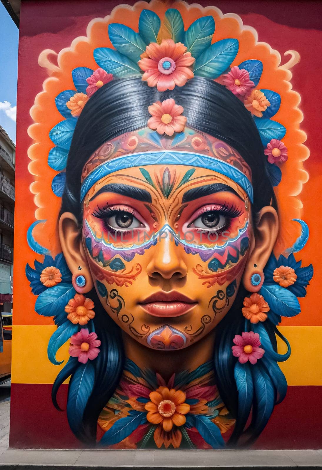 AI generated of a colorful mural of a woman with flowers on her face
