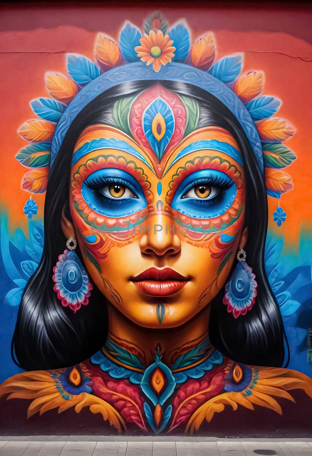 AI generated of a colorful mural of a woman with a mexican face