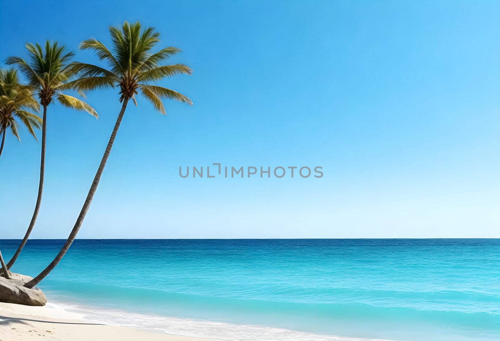 AI generated of tropical beach with palm trees, blue water, blue sky, and white sands