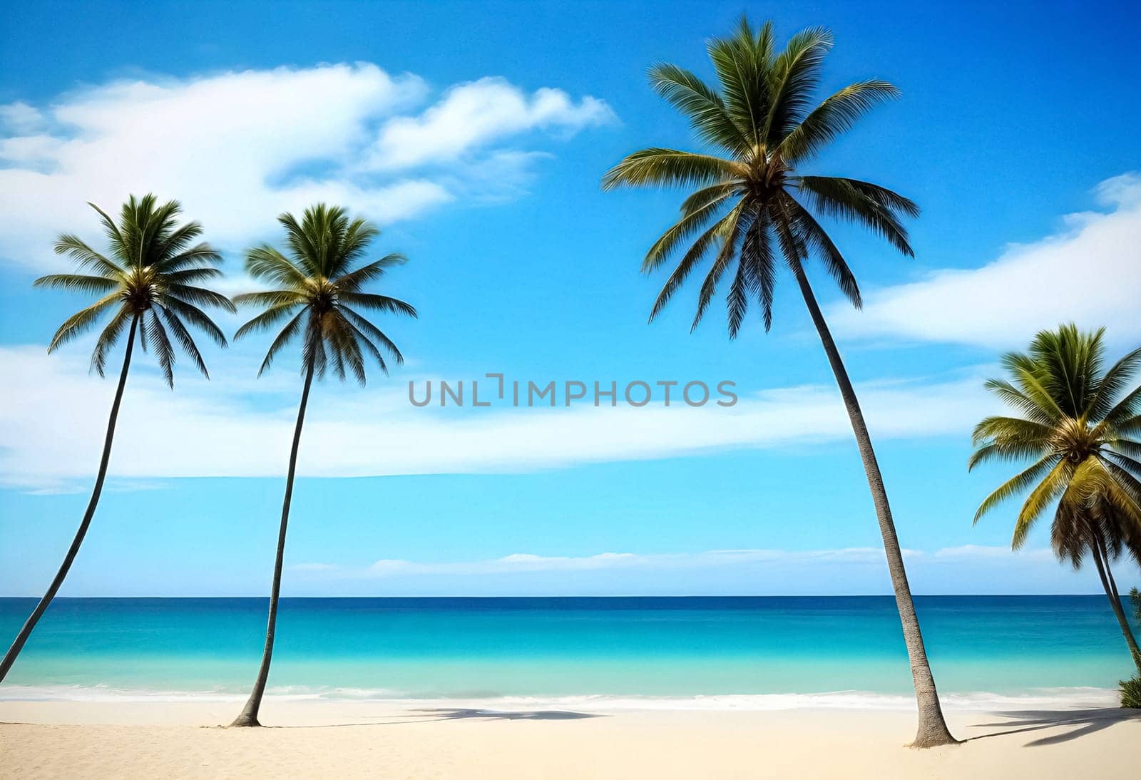 AI generated of tropical beach with palm trees and blue sky