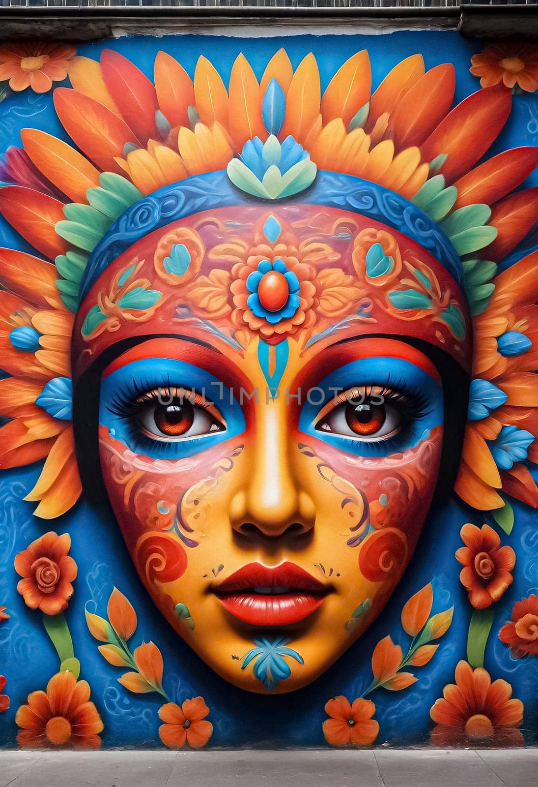 AI generated of a colorful mural of a woman's face with flowers