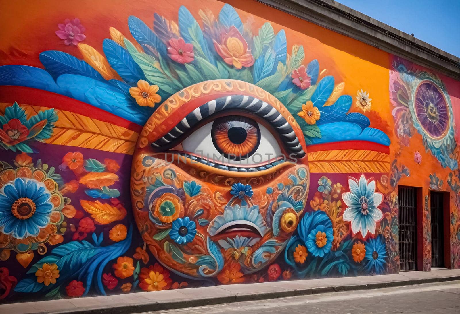 AI generated of a colorful mural of an eye on a building