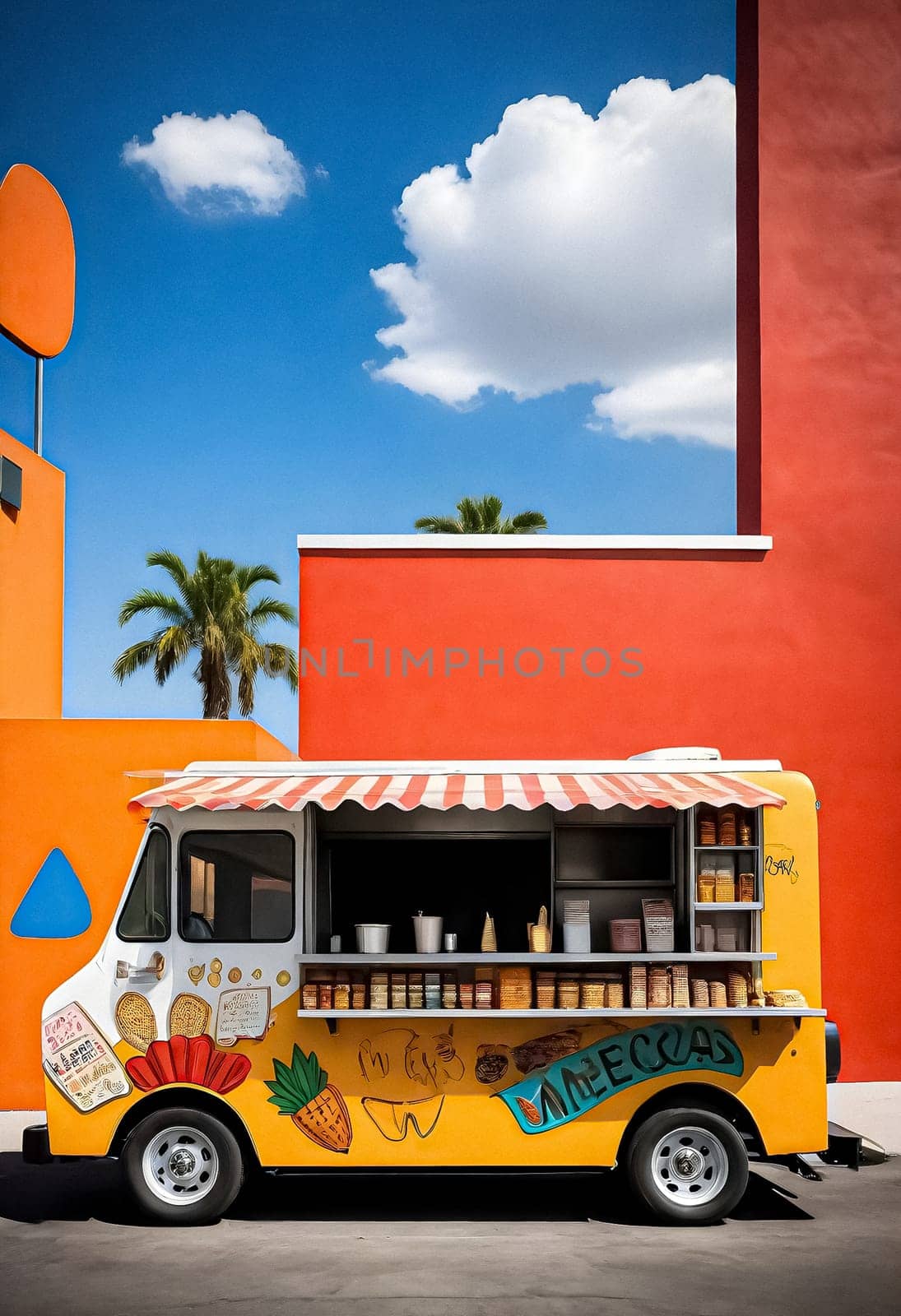 AI generated of a mexican food truck parked in front of a building
