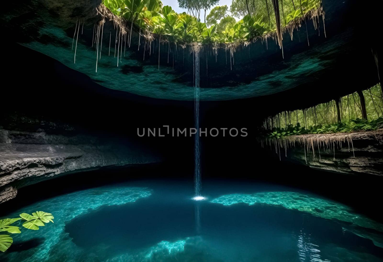 AI generated of a waterfall in a cave with a pool of water