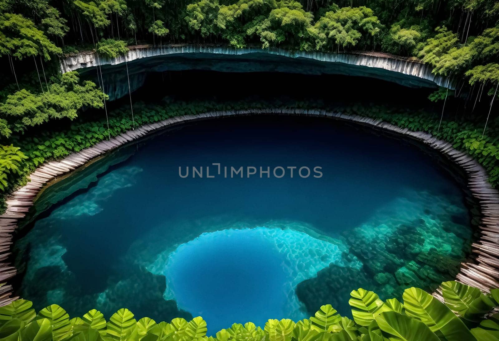 AI generated of the blue hole in the jungle is surrounded by green plants in mexico