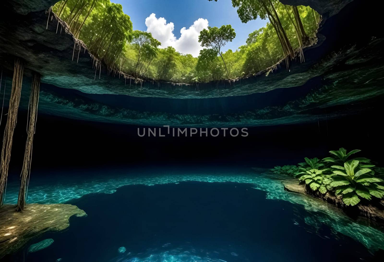 AI generated of the underwater cave in the jungle in mexico