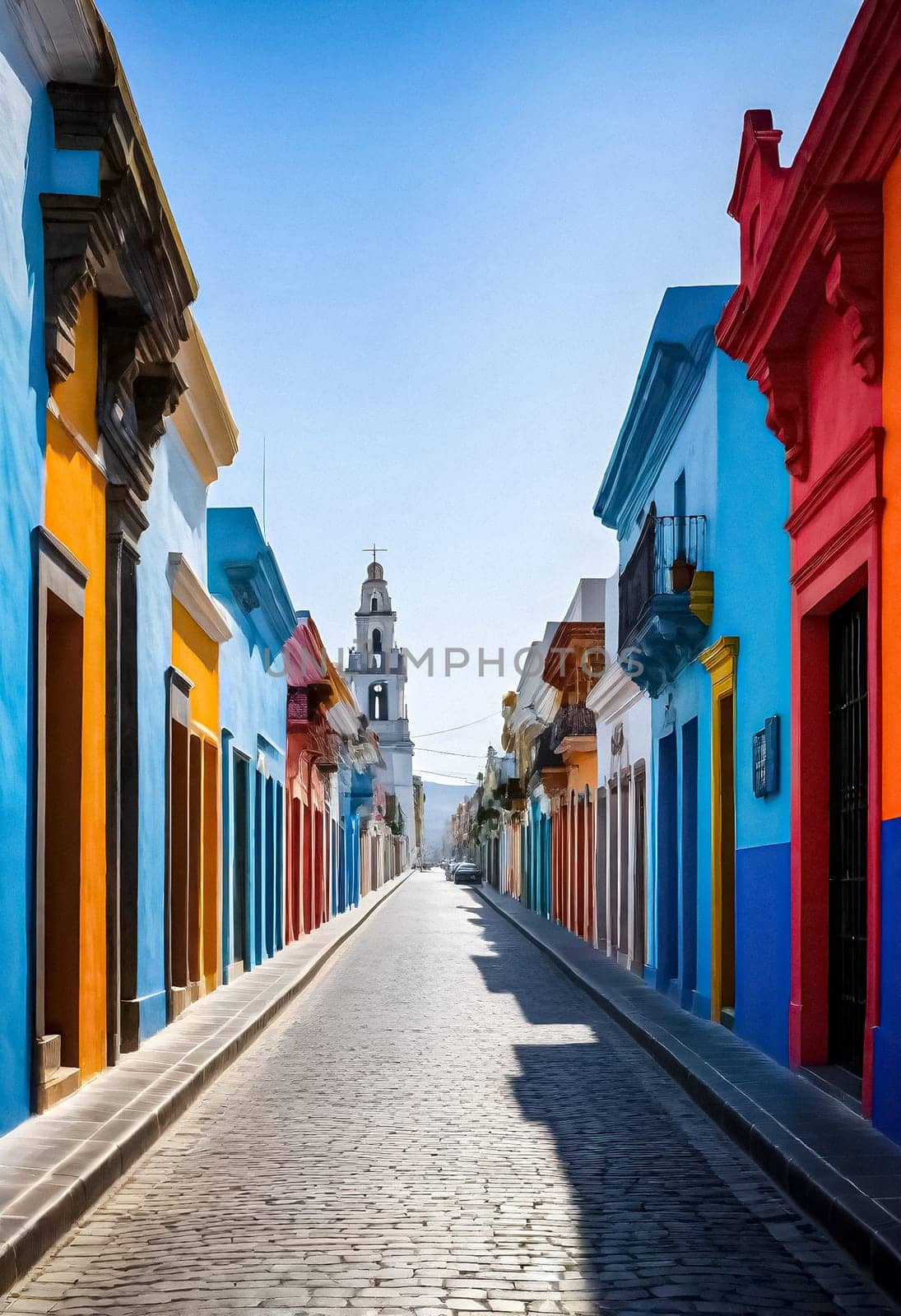 AI generated of colorful buildings line the street in a city