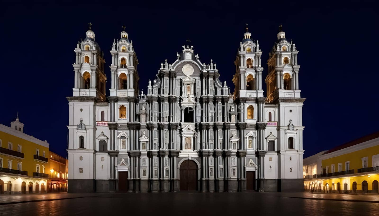 AI generated of a large cathedral light up at night in a city