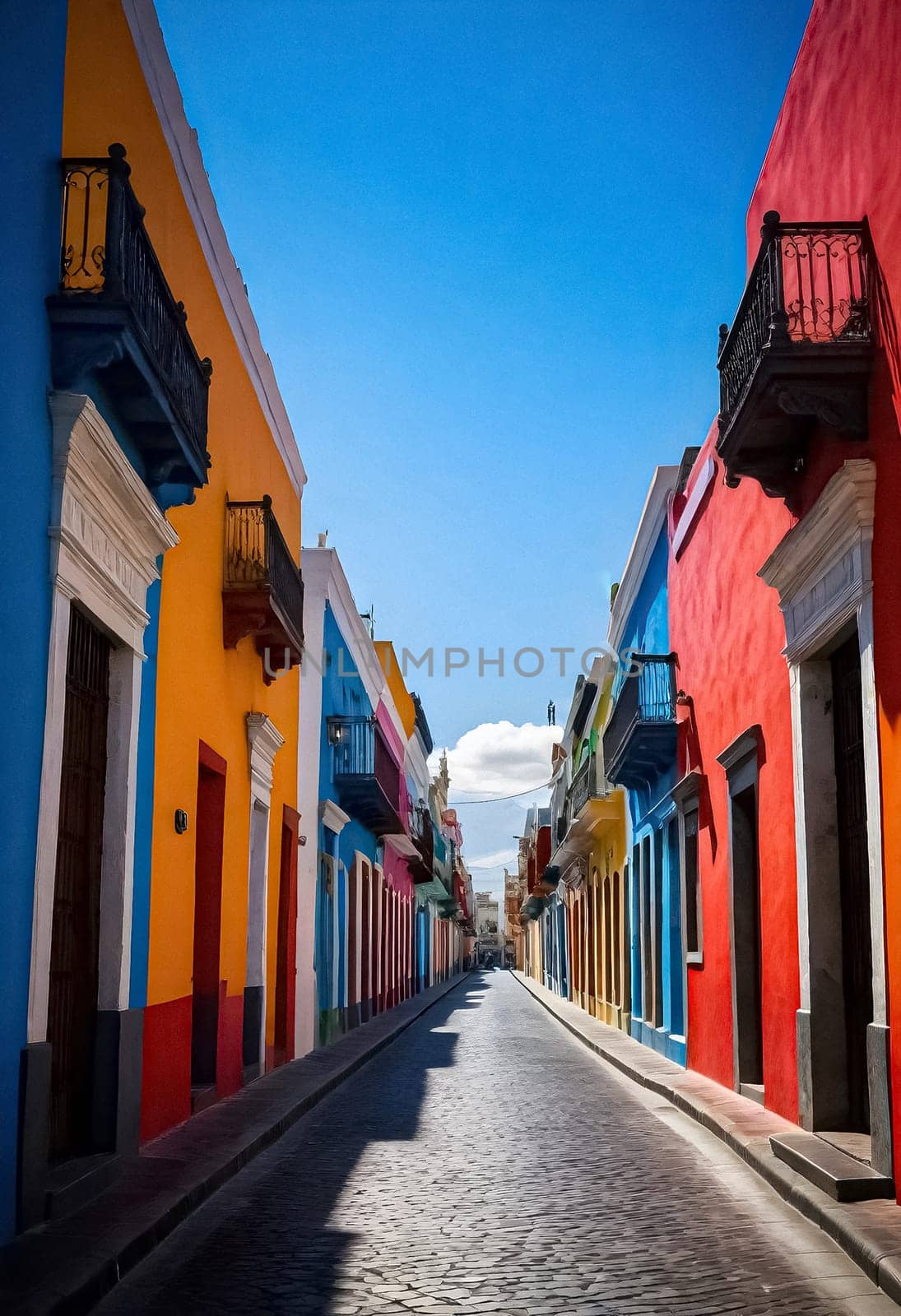 AI generated of colorful buildings line a cobblestone street in a city