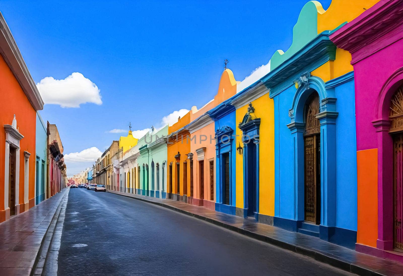 AI generated of colorful buildings line a street in a city