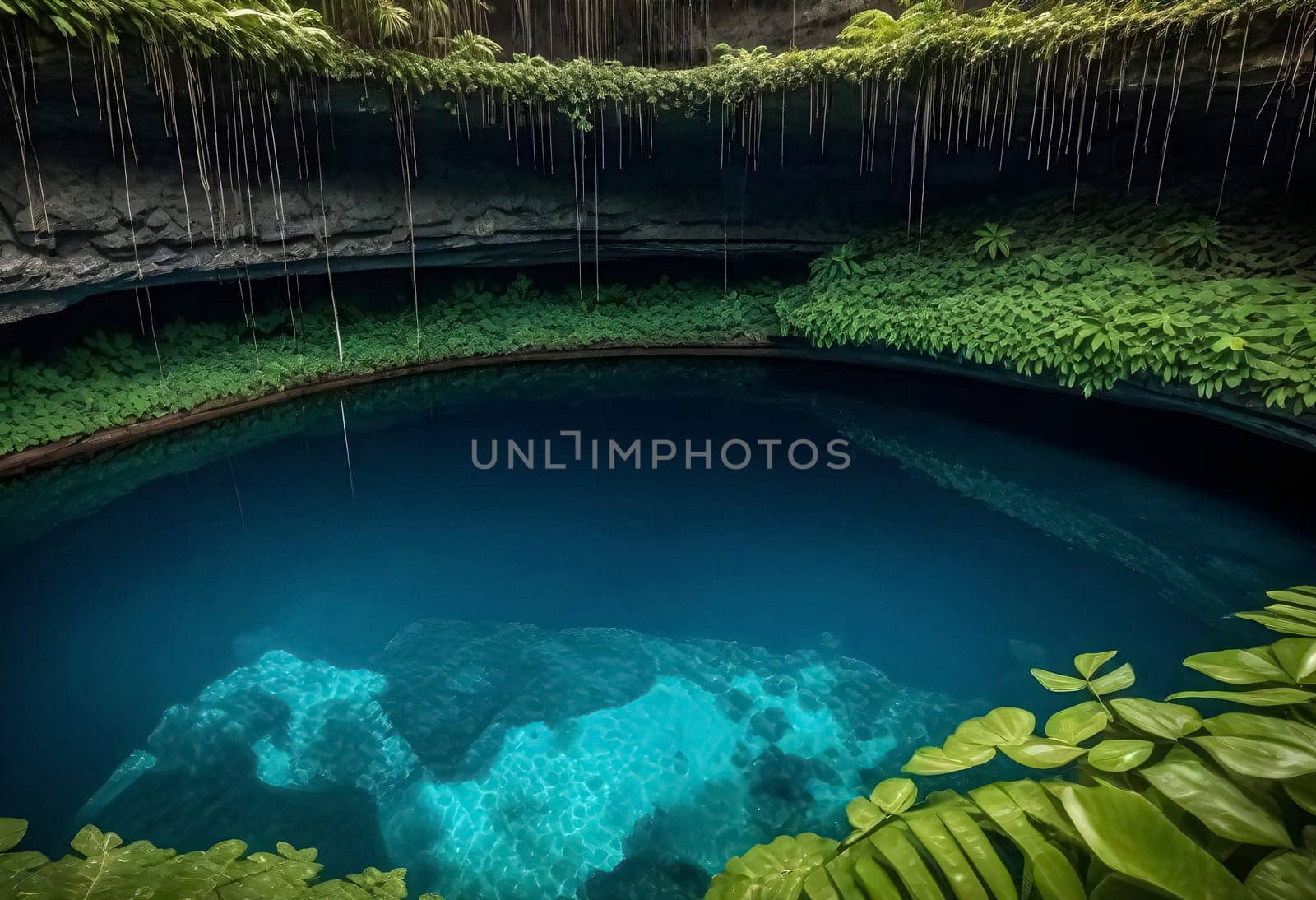 AI generated of the blue hole in the jungle is surrounded by green plants