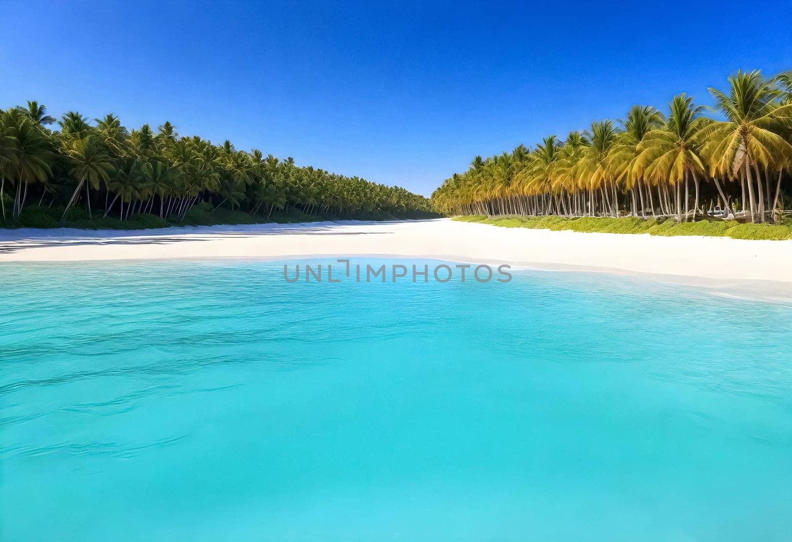 AI generated of a tropical beach with palm trees and a blue water