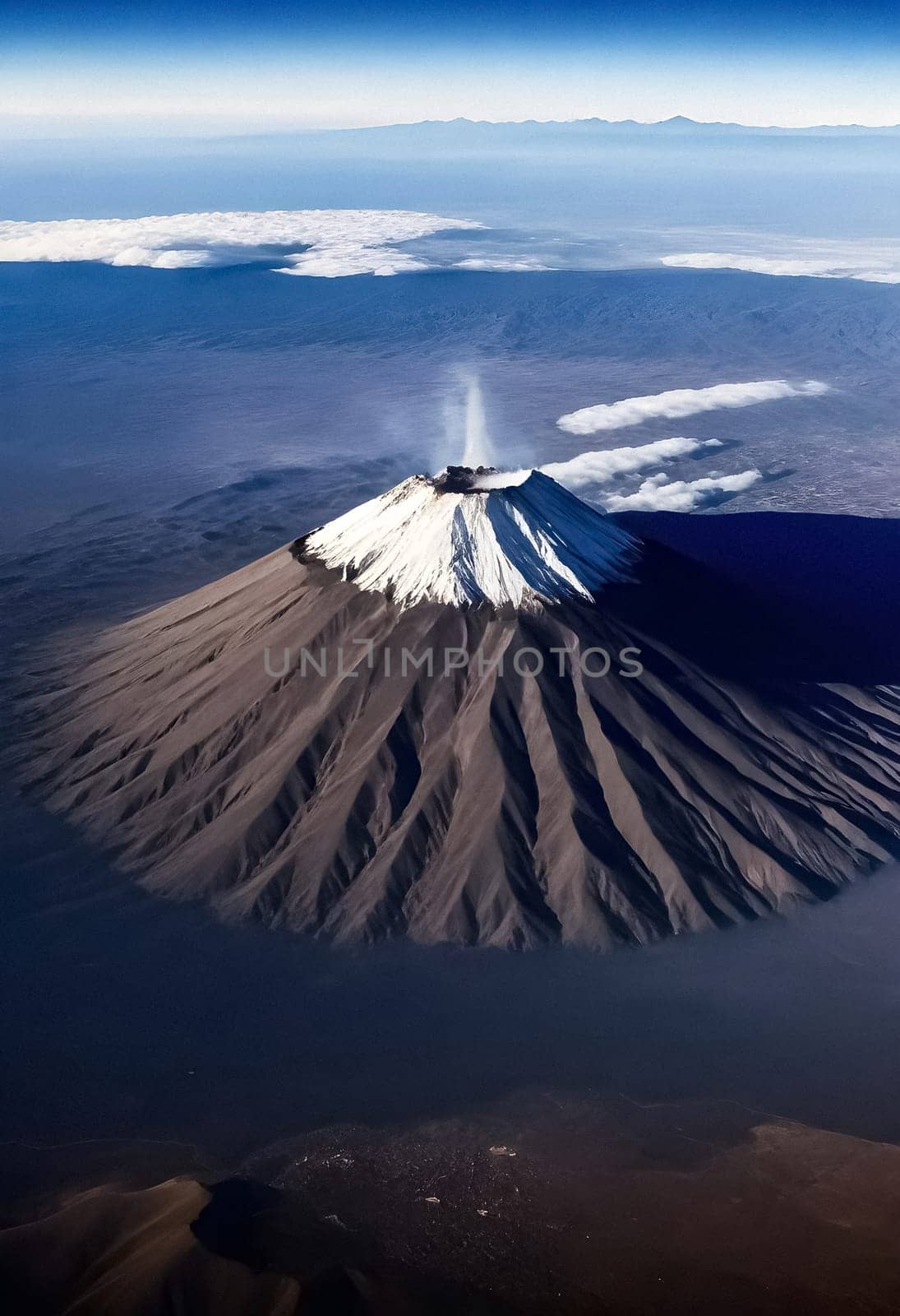 AI generated of an aerial view of a volcano in the middle of the ocean