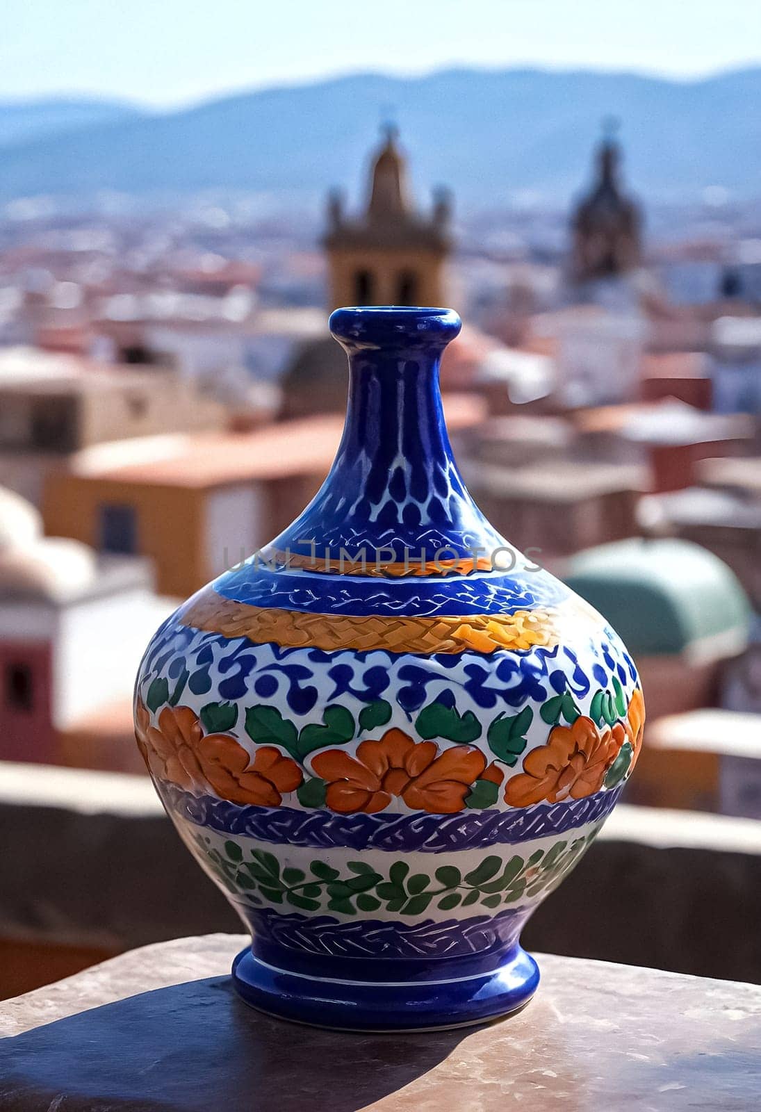 AI generated of a colorful vase sitting on a ledge overlooking a city