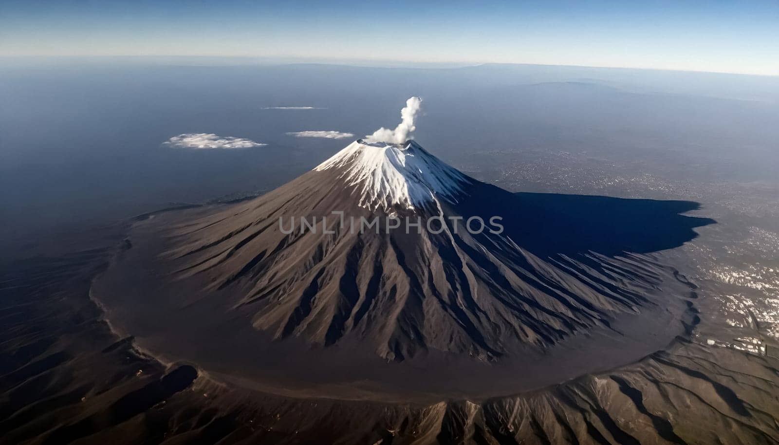 AI generated of an aerial view of a volcano with smoke coming out