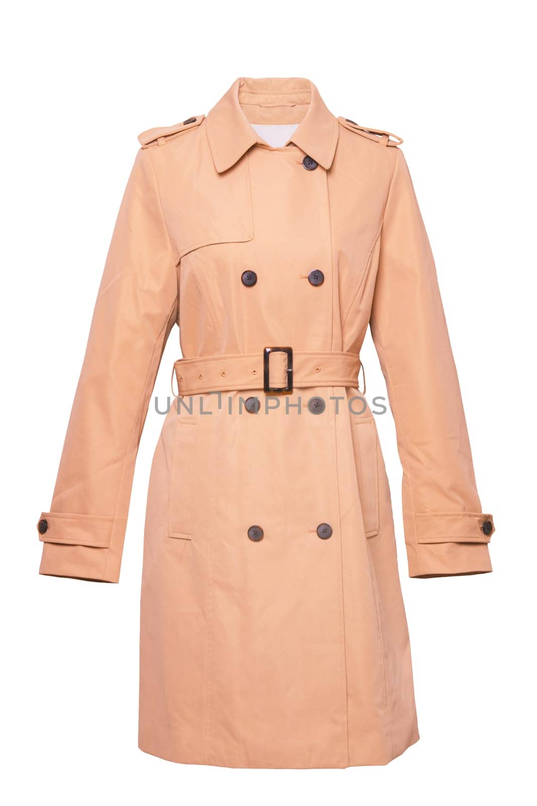 Woman trench coat. A luxurious and stylish elegant female light beige trench coat on mannequin isolated on a white background. Spring and summer fashion.
