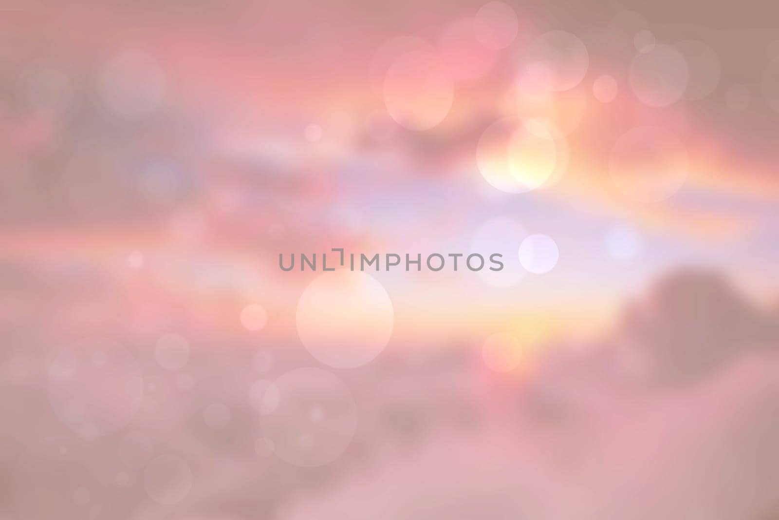 Abstract sunset illustration. Abstract evening or sunset mood background texture with light blue ocean and pastel colored bokeh lights and orange sunny sky. Beautiful sunset.