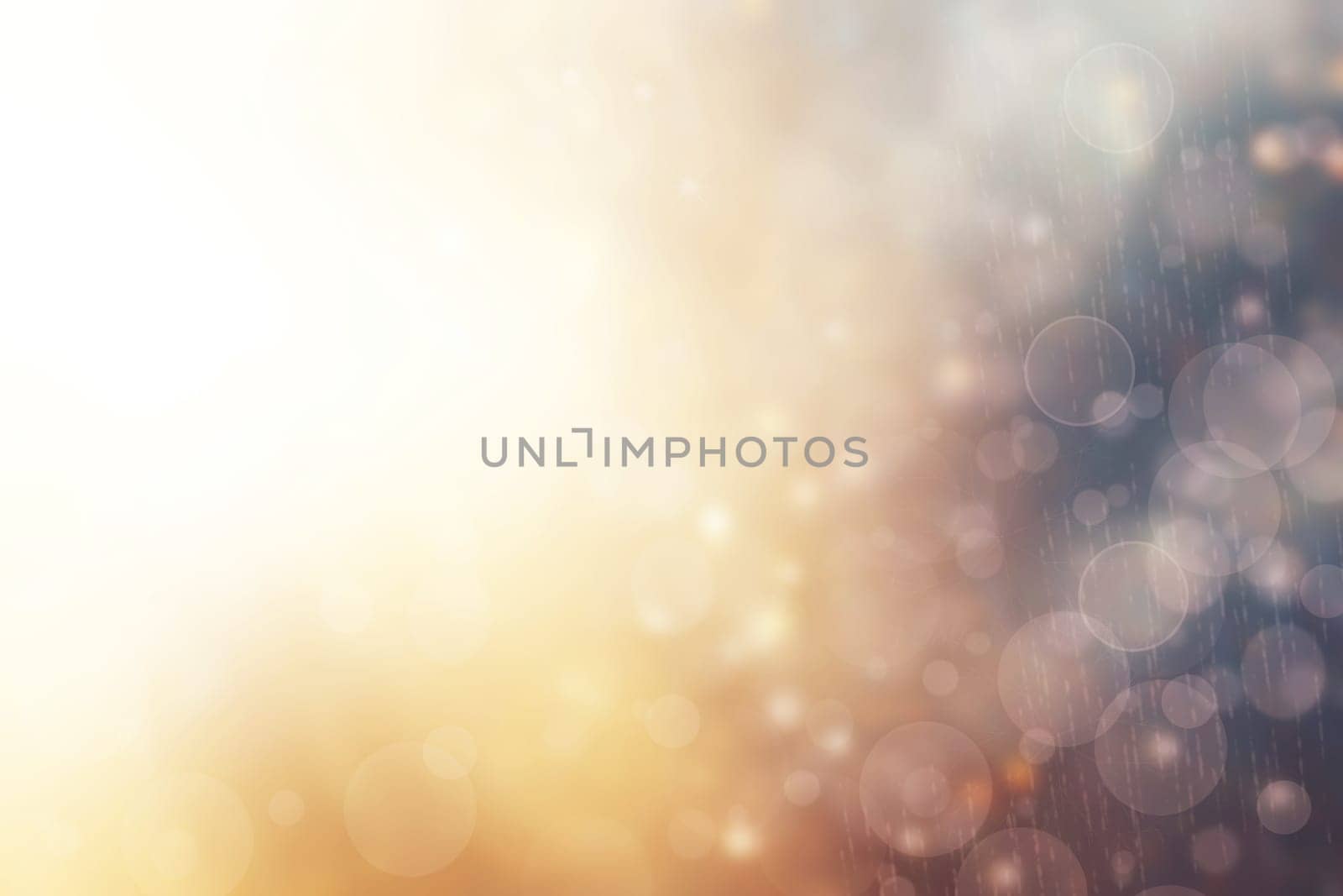 Abstract festive blur bright brown gradient dark blue turquoise orange background with white yellow bokeh circles. Template for your design. Beautiful texture.