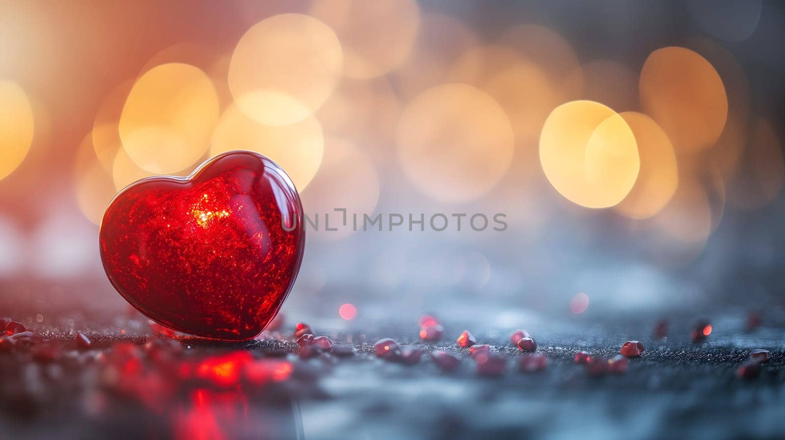 Red heart on table with selective focus and bokeh background for valentine day greeting card. Neural network generated image. Not based on any actual person or scene.