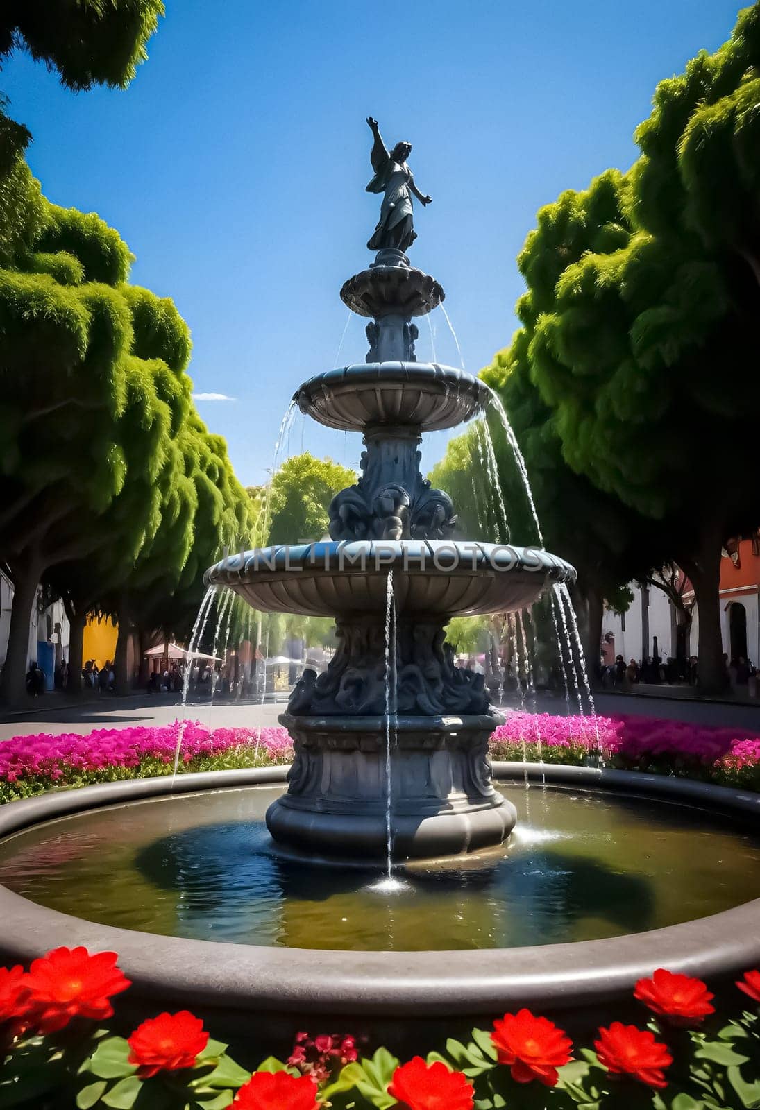 AI generated of a fountain surrounded by flowers in a city park