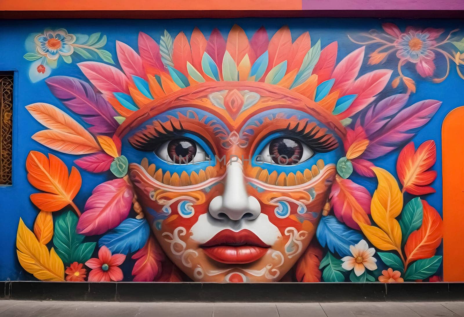 AI generated of a colorful mural of a woman's face on a building