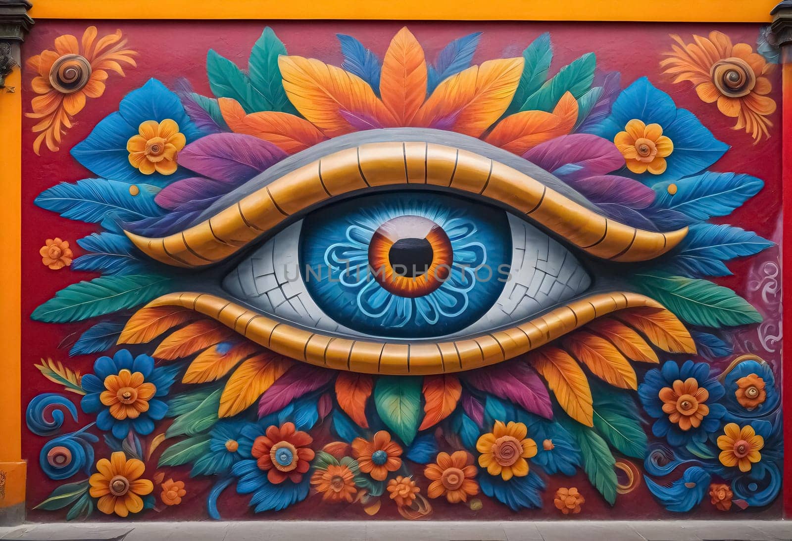 AI generated of a colorful mural of an eye with flowers and leaves