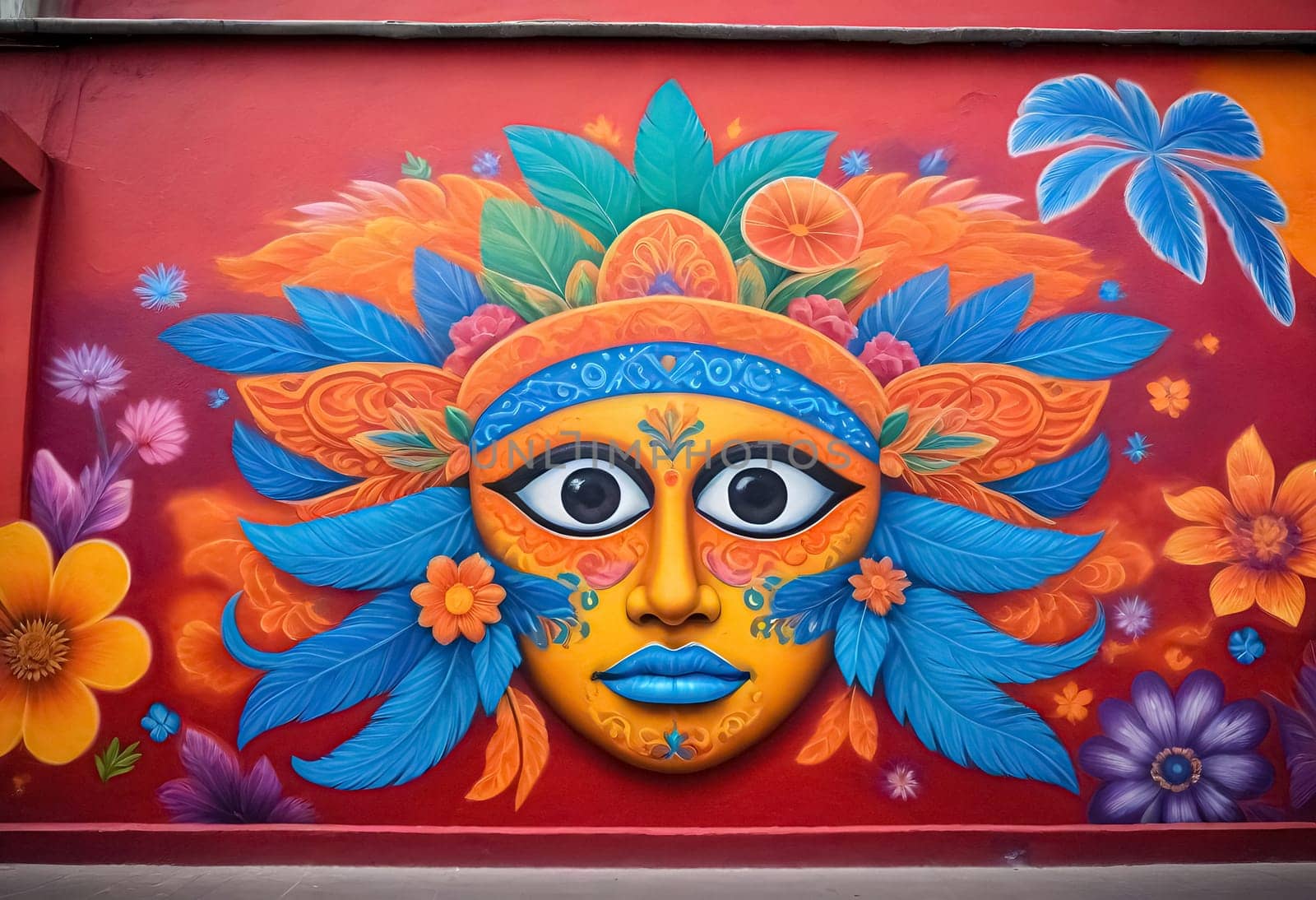 AI generated of a colorful mural of a mask on a wall