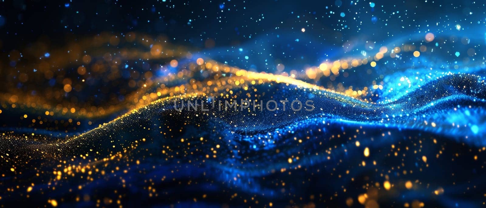 An expansive, widescreen image capturing the essence of a glittering gold and blue landscape, perfect for luxurious branding or atmospheric backgrounds