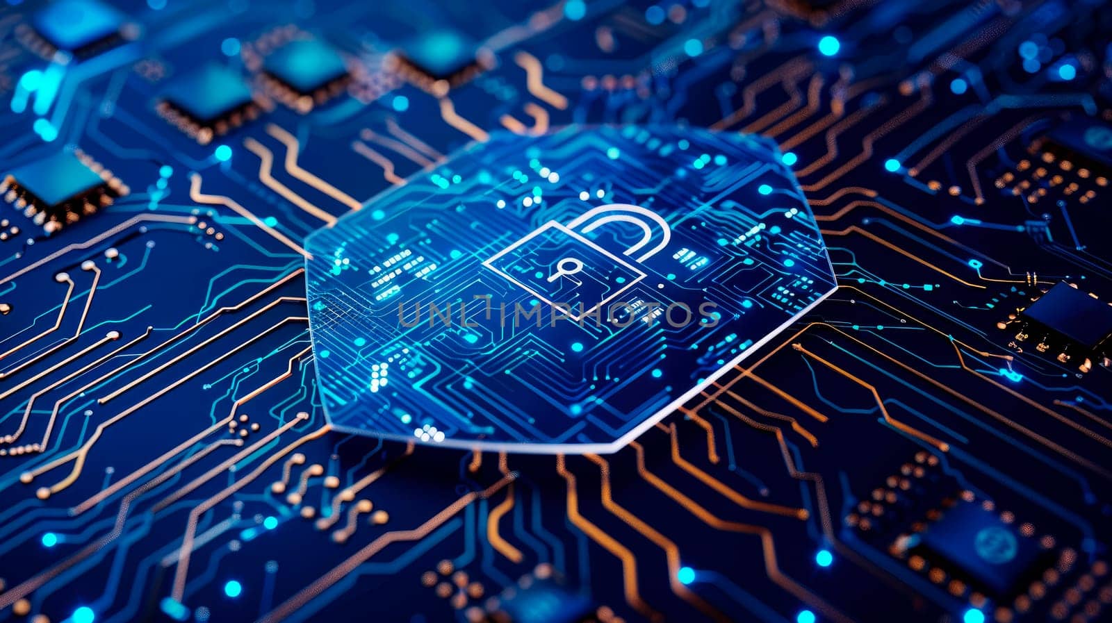 A depiction of a cybersecurity shield and lock on computer circuit board. Concept for defense against cyber threats and viruses. AI generated