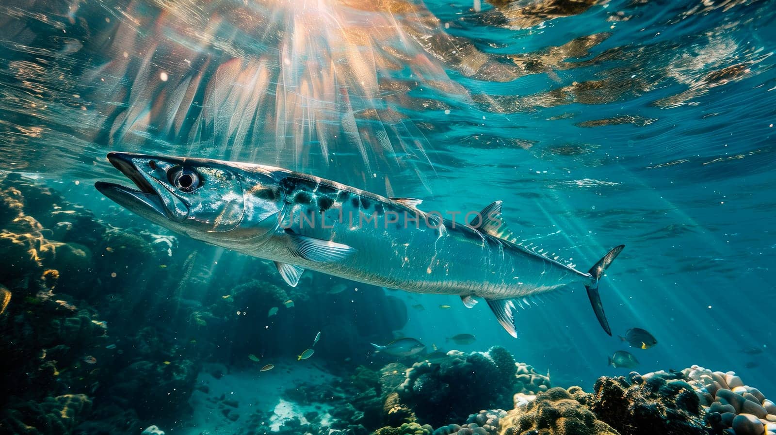 A fierce barracuda in the clear water. AI generated