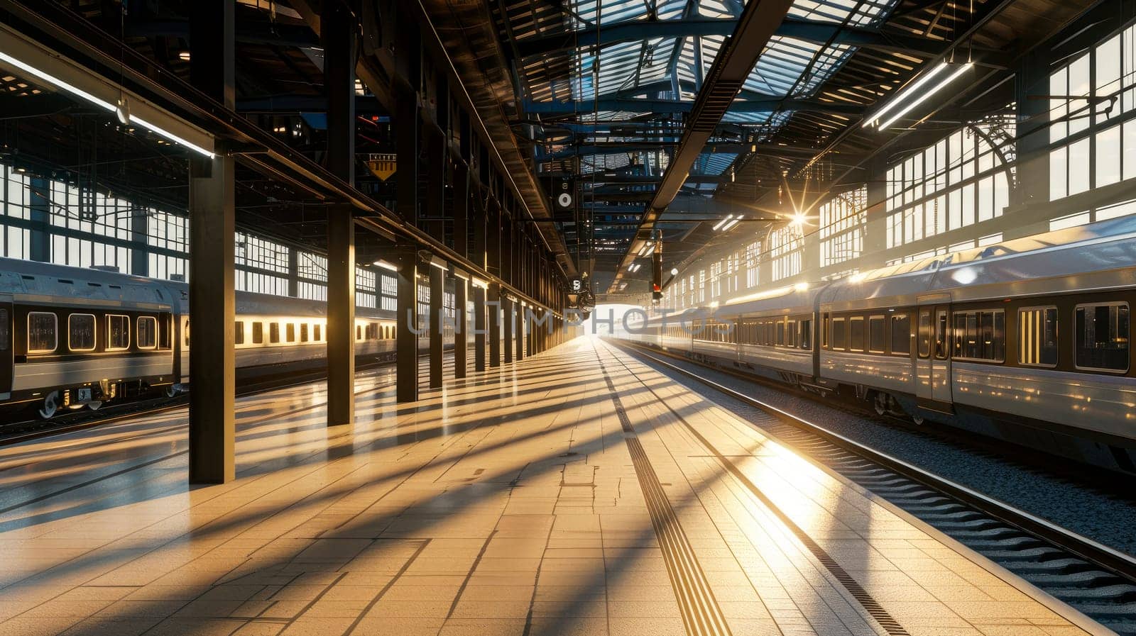 Perspective view of a platform in railway station with sunlight cast on trains parking by the platform. AI generated