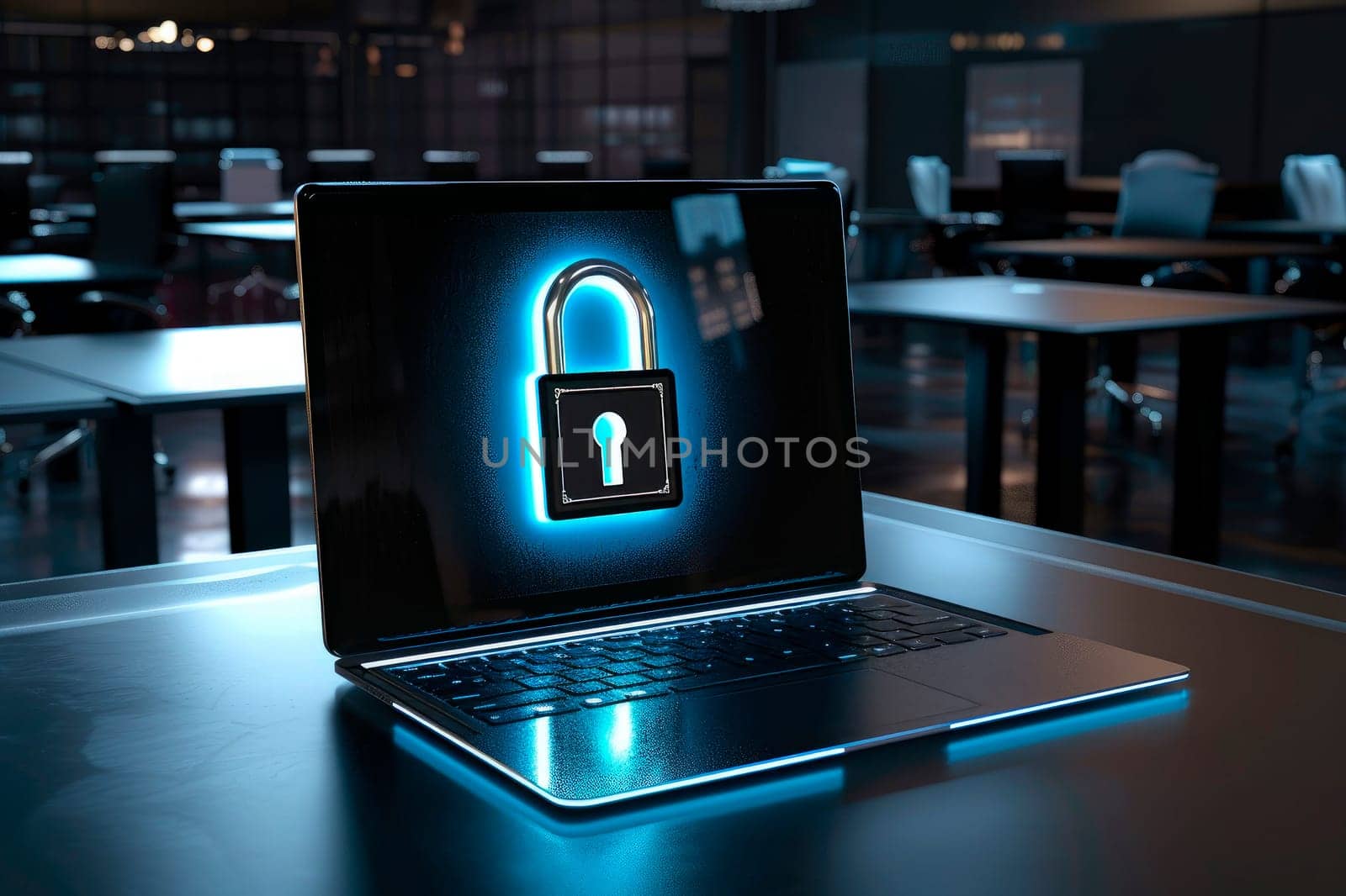 A laptop with a padlock on the screen sits in front of empty office tables in a dark room. AI generated