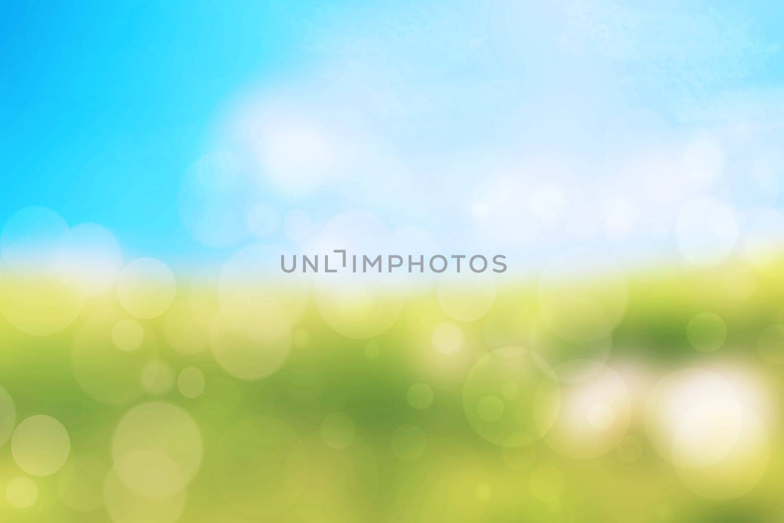 Abstract bright gradient motion spring or summer landscape texture with natural yellow green lights and blue bright cloudy and sunny sky. Autumn or summer background with copy space.