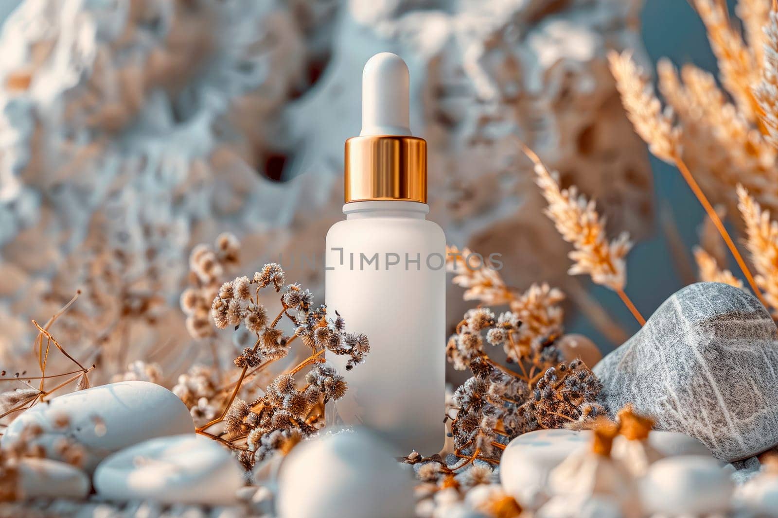 White frosted glass dropper bottle with golden cap, surrounded by stones and dried plants. Concept of natural skin care. AI generated