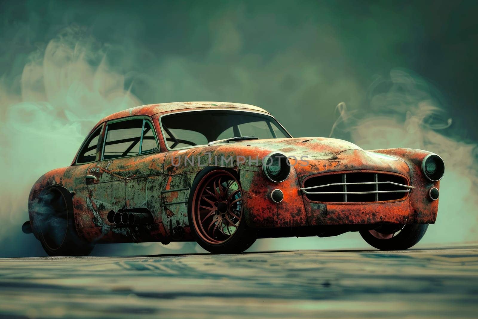 Old rusty drift car with lots of smoke from burning tires on speed track. AI generated