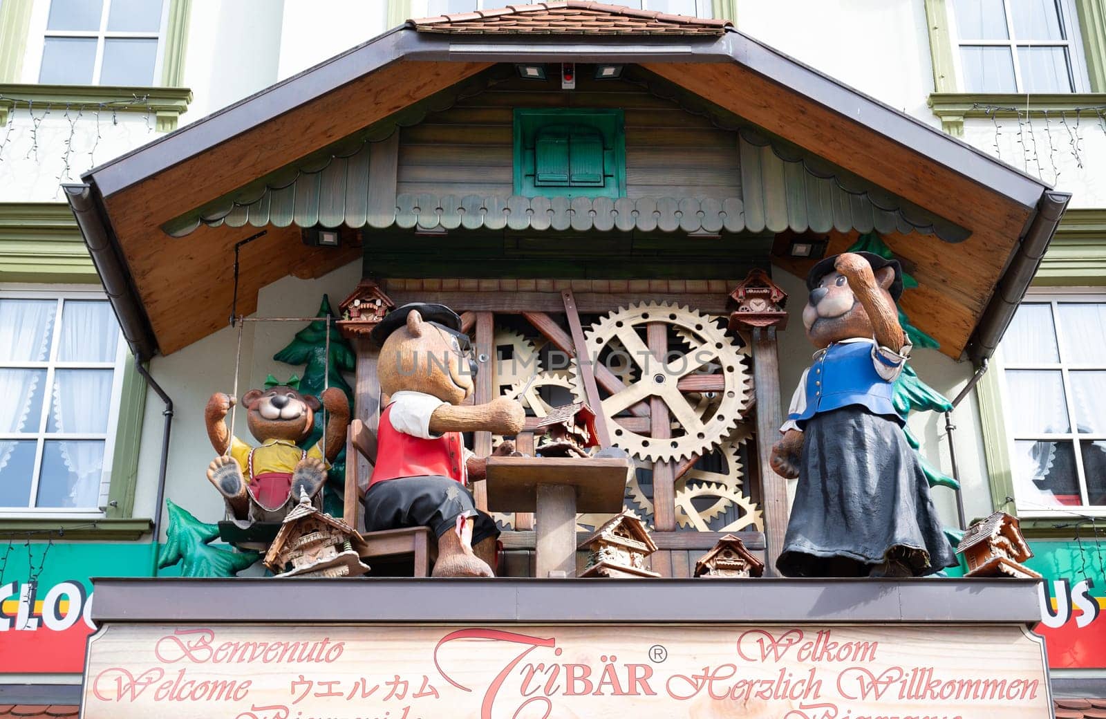 Cuckoo clock with bears at a shop in the Black Forest, Triberg in Germany, traditional craft, vintage wood carving, 30.03.2024