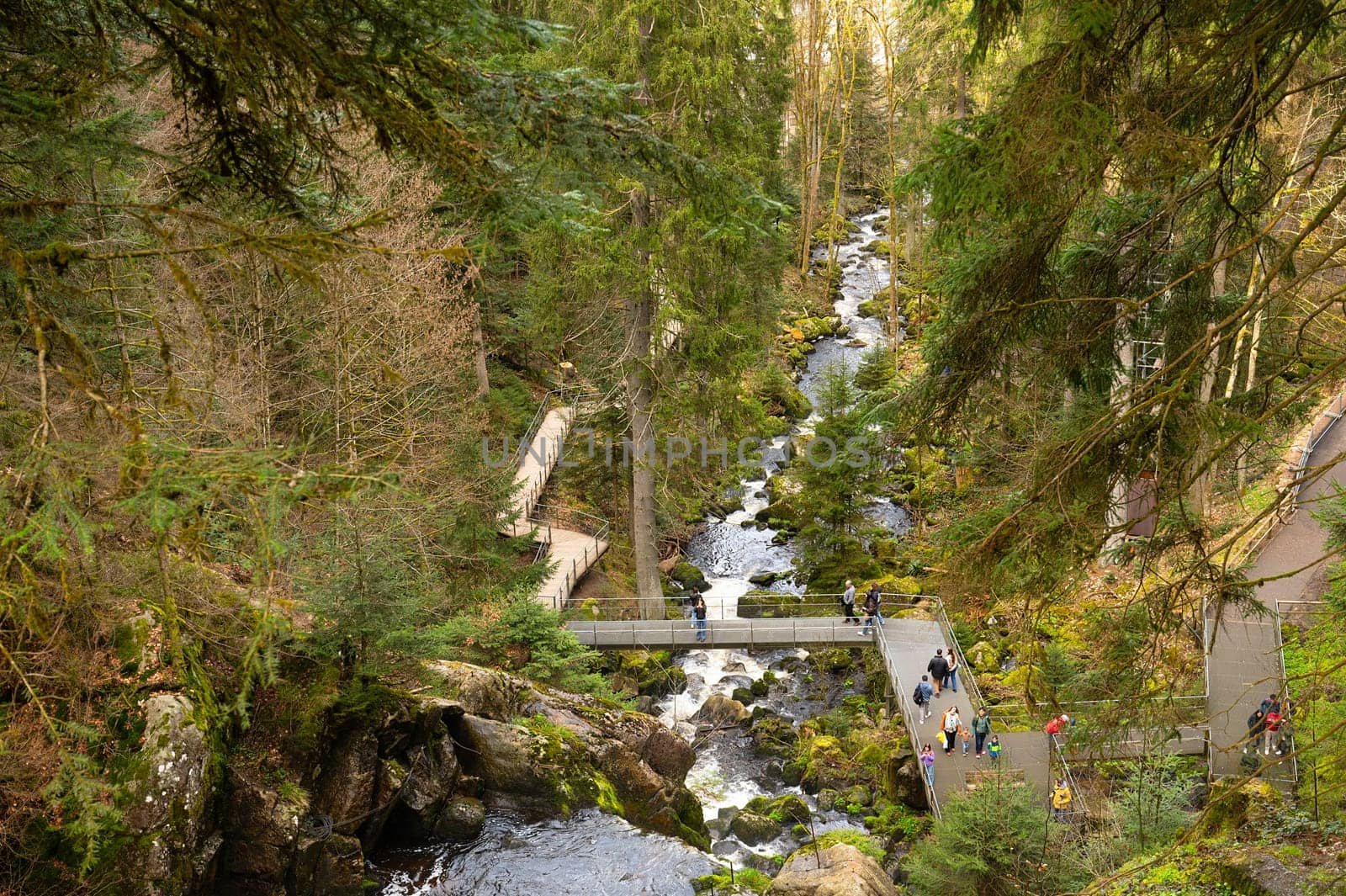 Triberg waterfall in the Black Forest, highest fall in Germany, Gutach river plunges over seven major steps into the valley, wooden bridge