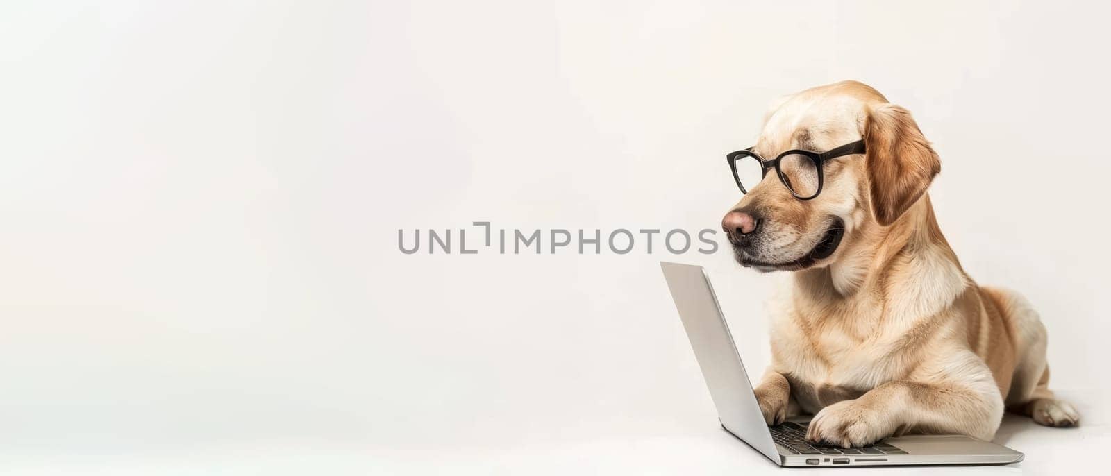 A golden Labrador Retriever sports eyeglasses and uses a laptop, presenting an amusing portrayal of a professional pet