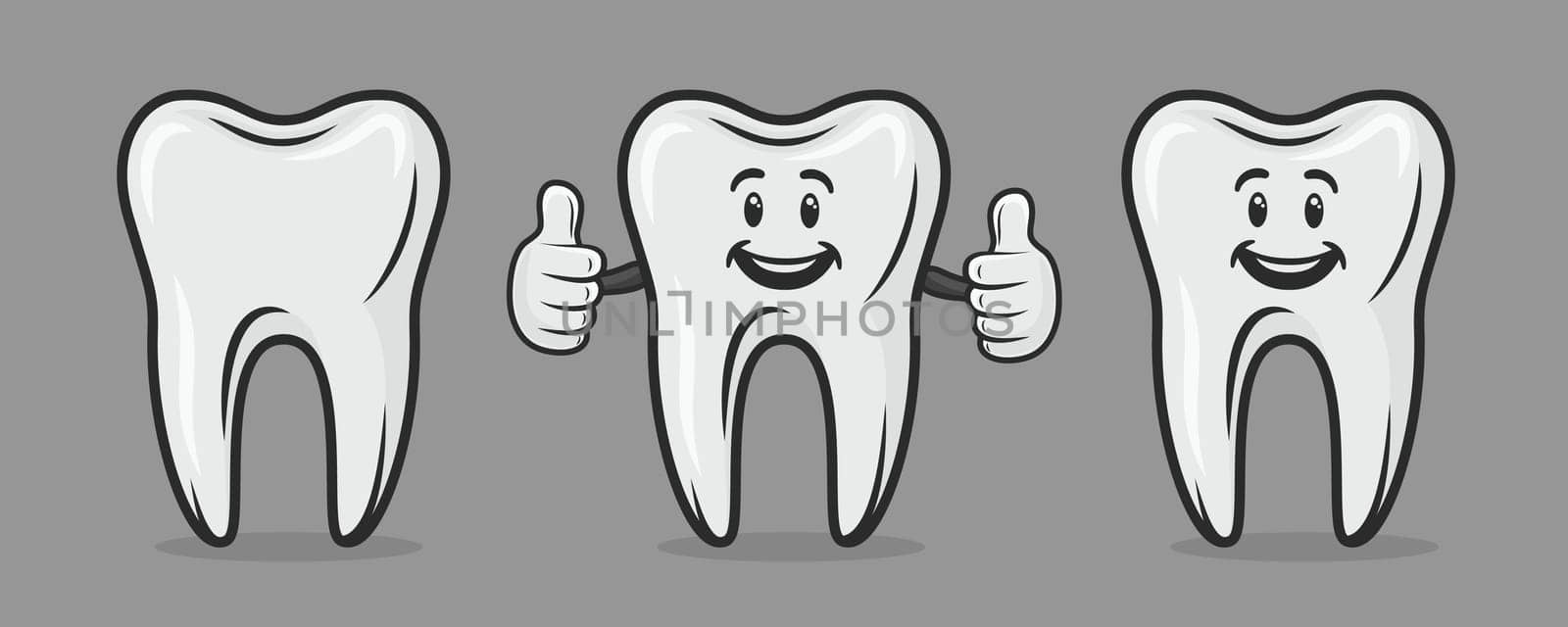 Vector Cute and Friendly Cartoon Tooth Character. Design Template for Promoting Dental Care and Toothpaste. Healthy Oral Hygiene Concept. The Smiling Tooth Character Showing Hand Gesture LIKE.