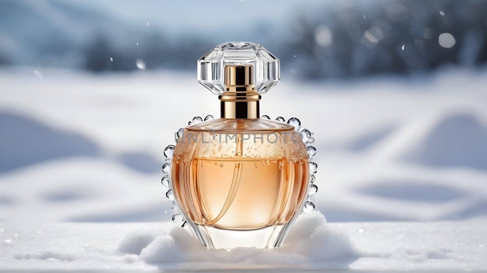 Luxury perfume bottle in the snow