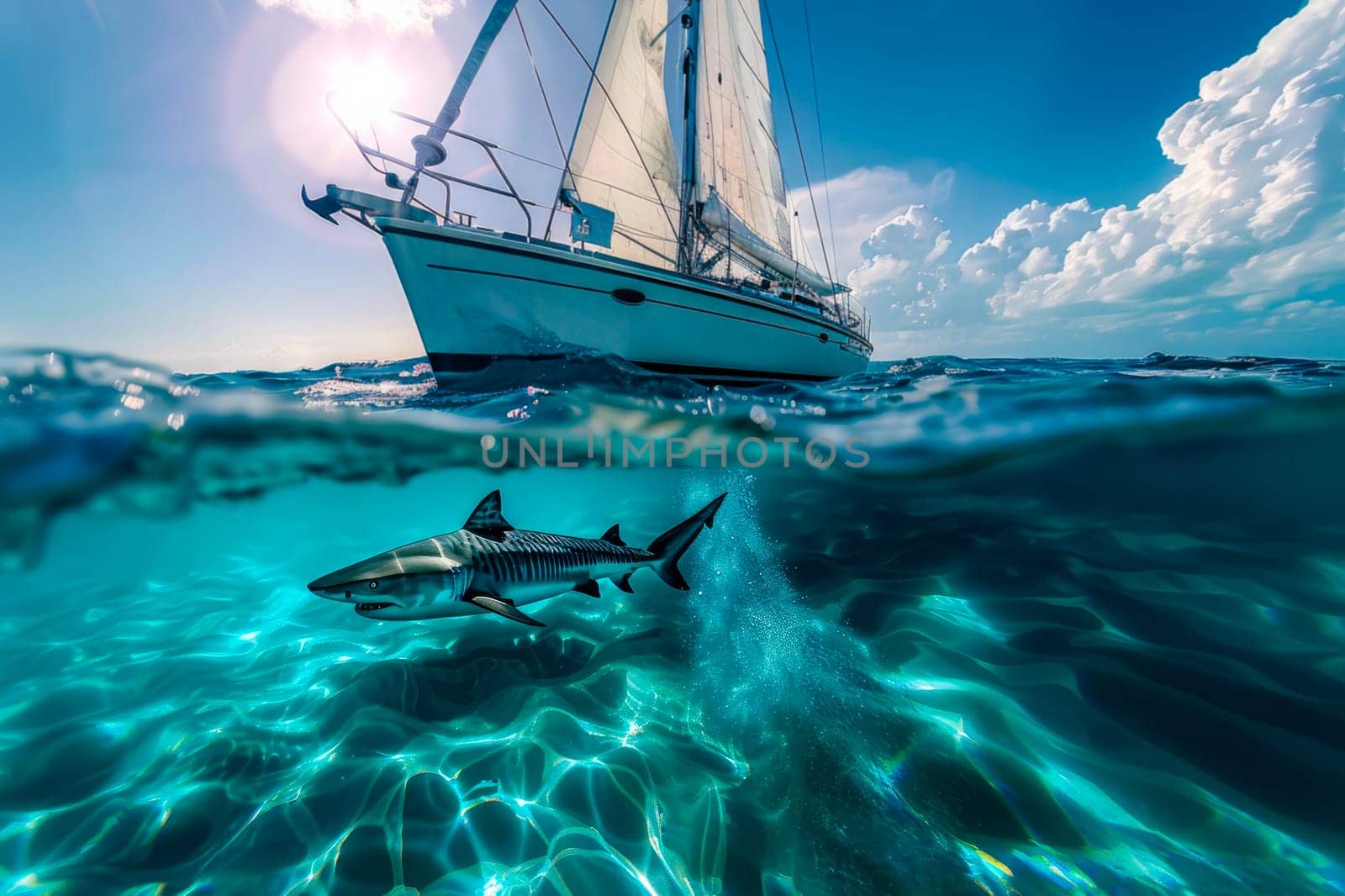 A sailing boat navigating above water in a sea and a big shark swimming below underwater. AI generated