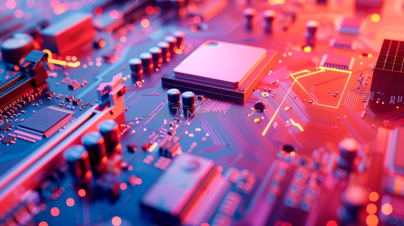Computer hardware technology concept in neon light.Motherboard digital chip. Technology science background. AI generated