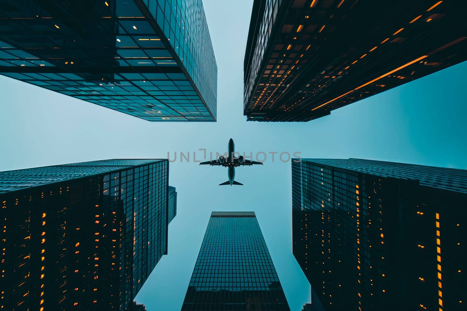 Bottom view to airplane flying above glass office buildings. Airplane flying over business skyscrapers. AI generated