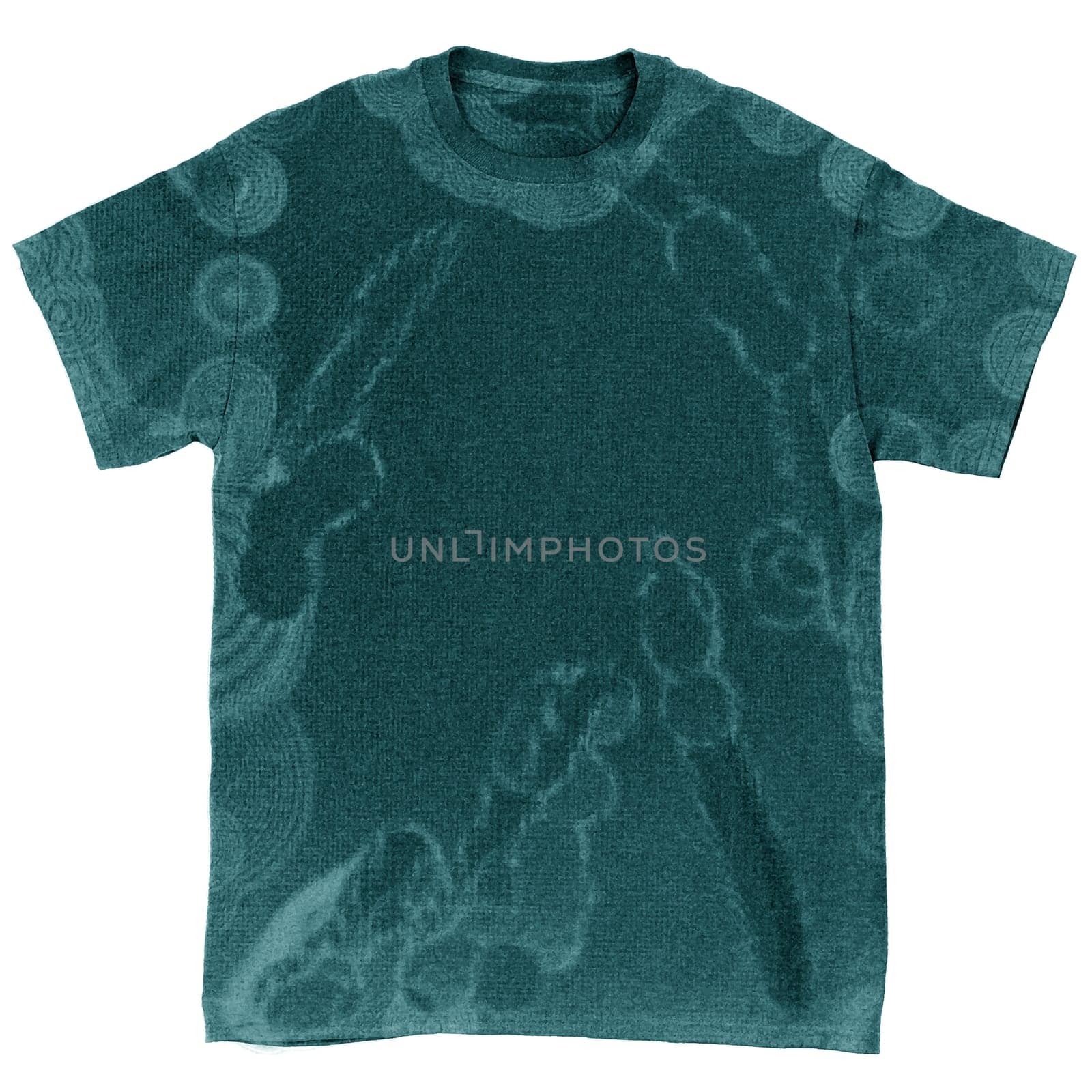A dark green T-shirt with an abstract pattern highlighted on a white background and an empty space in the center for applying your advertisement