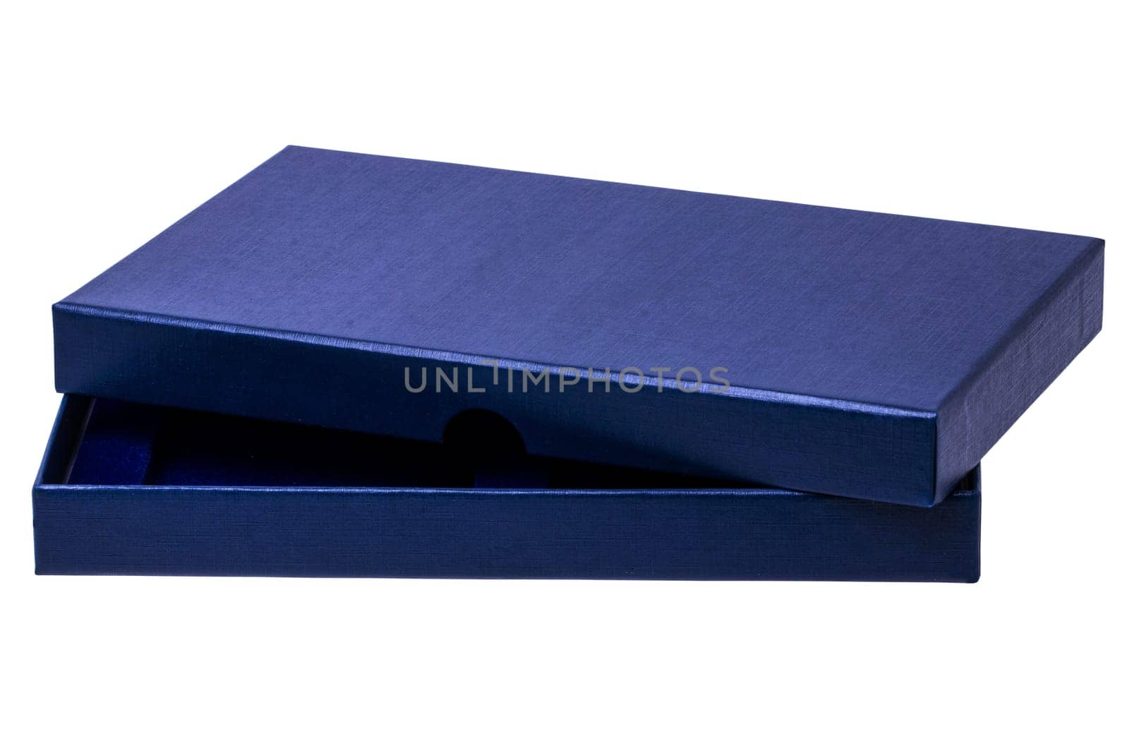 Gift box isolated. Opened blue cardboard box or kraft paper box. Birthday, Valentine's Day, Mother’s Day anniversary or other holiday.Clipping path.