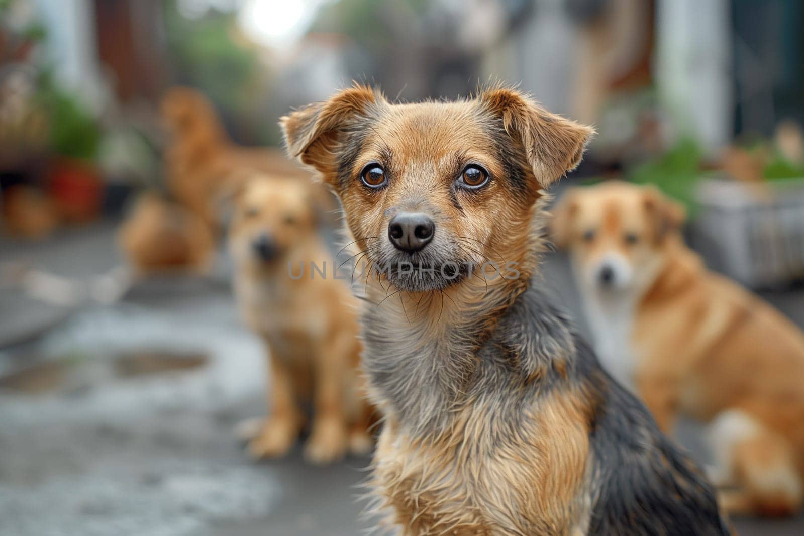 Homeless street dog on the road with other dogs, abandoned and unhappy, wet fur from the rain, stray pet